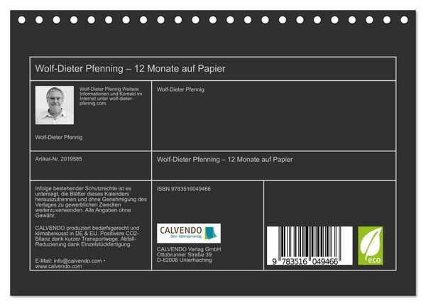 Produktbild: Wolf-Dieter Pfenning &ndash; 12 Monate auf Papier (Tischkalender 2026 DIN A5 quer), CALVENDO Monatskalender