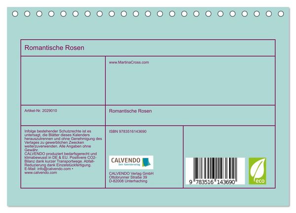 Produktbild: Romantische Rosen (Tischkalender 2026 DIN A5 quer), CALVENDO Monatskalender