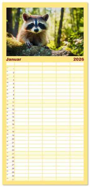 Produktbild: Familienplaner 2026 - Frech, flauschig, fantastisch - Der Waschb&auml;ren-Kalender mit 5 Spalten (Wandkalender, 21 x 45 cm) CALVENDO