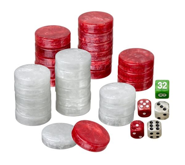 Produktbild: Spielsteine, Backgammon, gro&szlig;, 34 x 10 mm, Kunststoff, rot wei&szlig;, inkl. W&uuml;rfel
