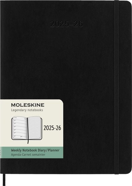 Moleskine 18 Monate Wochenkalender 2025/2026, XL, 1 Wo = 1 Seite, Rechts Linierte Seite, Weicher Einband, Schwarz