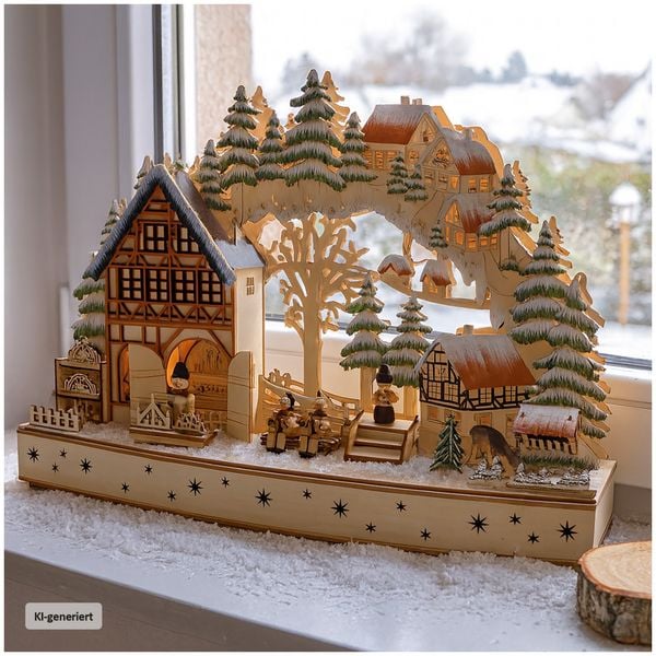 Produktbild: HTI-Living Traditioneller Schwibbogen Holz mit Wintermotiv und Figuren 50 x 30 cm