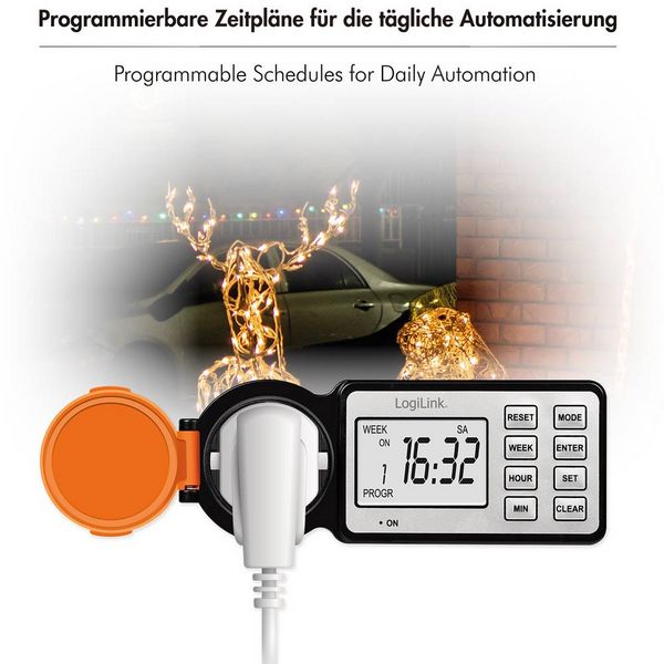 Produktbild: LogiLink ET0016 Zeitschaltuhr digital IP44 Countdown-Funktion, EIN/AUS-Programm, Timer-Funktion