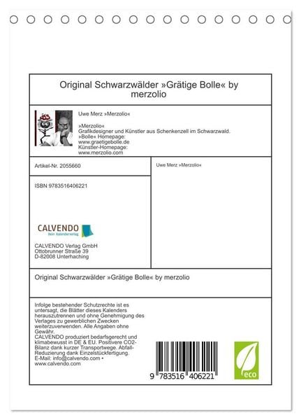 Produktbild: Original Schwarzw&auml;lder &raquo;Gr&auml;tige Bolle&laquo; by merzolio (Tischkalender 2026 DIN A5 hoch), CALVENDO Monatskalender