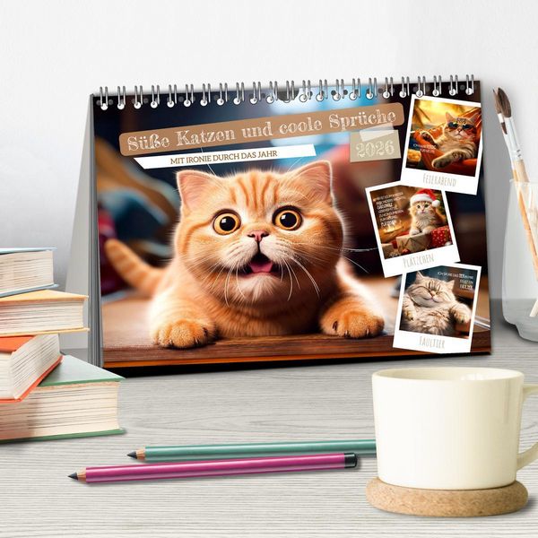 Produktbild: S&uuml;&szlig;e Katzen und coole Spr&uuml;che (Tischkalender 2026 DIN A5 quer), CALVENDO Monatskalender