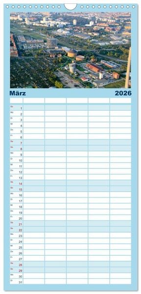 Produktbild: Familienplaner 2026 - &Uuml;ber den D&auml;chern von Leipzig mit 5 Spalten (Wandkalender, 21 x 45 cm) CALVENDO