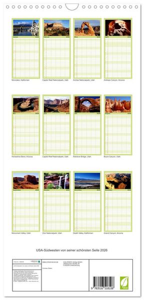 Produktbild: Familienplaner 2026 - USA-S&uuml;dwesten von seiner sch&ouml;nsten Seite 2026 mit 5 Spalten (Wandkalender, 21 x 45 cm) CALVENDO