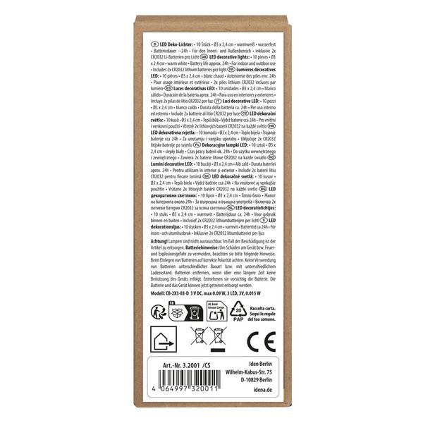 Produktbild: Idena Deko Lichter 3 LED warmwei&szlig; wasserfest silber &Oslash;3x2,4cm 10 St&uuml;ck Teelichter batteriebetrieben