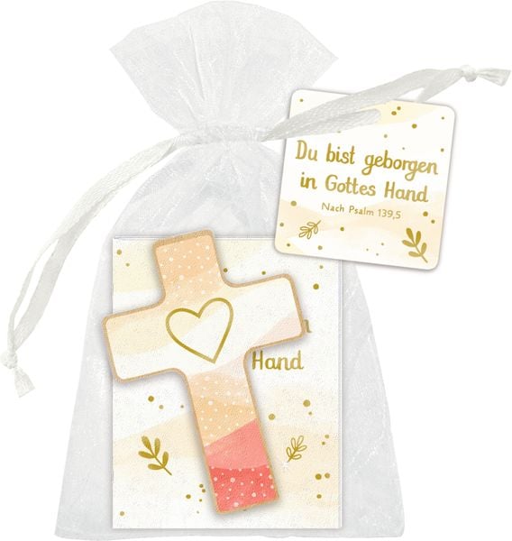 Produktbild: Holzkreuz mit Mini-B&uuml;chlein &ndash; Du bist geborgen in Gottes Hand