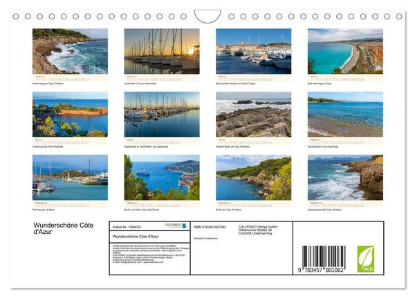 Produktbild: Wundersch&ouml;ne C&ocirc;te d'Azur (Wandkalender 2026 DIN A4 quer), CALVENDO Monatskalender