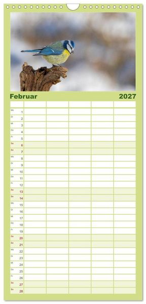 Produktbild: Familienplaner 2027 - Der Kernbei&szlig;er und seine gefiederten Gesellen mit 5 Spalten (Wandkalender, 21 x 45 cm) CALVENDO