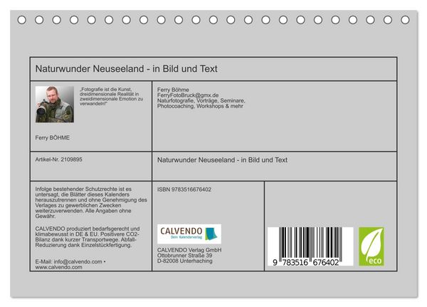 Produktbild: Naturwunder Neuseeland - in Bild und Text (Tischkalender 2026 DIN A5 quer), CALVENDO Monatskalender