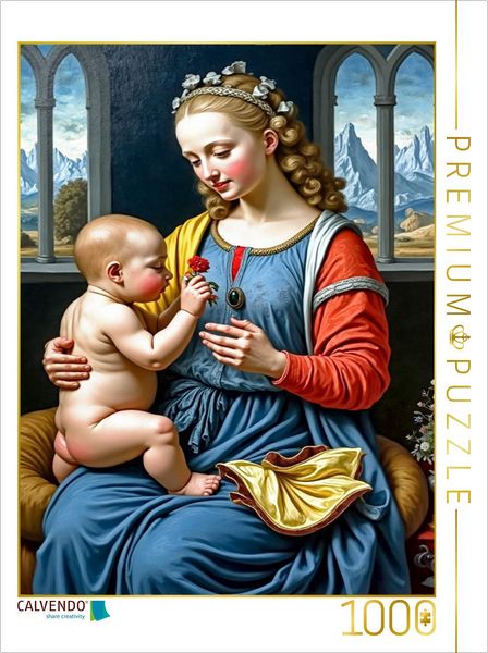 CALVENDO Puzzle Inspiriert von Leonardo da Vinci/Madonna mit der Nelke (um 1475) | 1000 Teile Lege-Größe 64x48cm Foto-Puzzle für glückliche Stunden