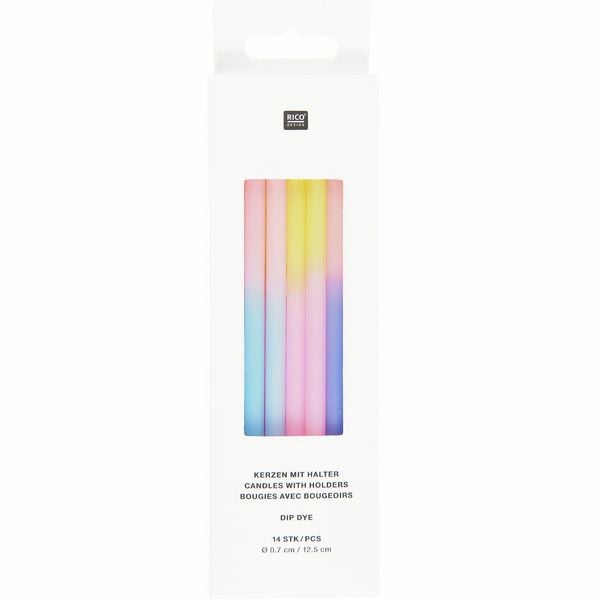 Produktbild: Kerzen Dip Dye, Blau/Pink/Gelb, 14 Stk, &Oslash; 0,7 cm x 12,5 cm, inkl. 14 Kerzenhalter