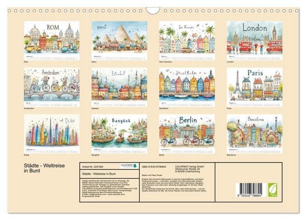 Produktbild: St&auml;dte - Weltreise in Bunt (Wandkalender 2027 DIN A3 quer), CALVENDO Monatskalender