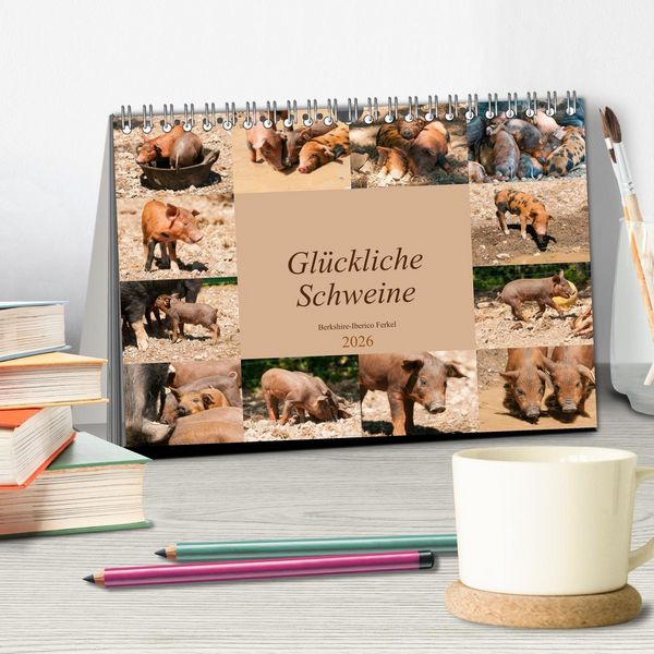 Produktbild: Gl&uuml;ckliche Schweine Berkshire-Iberico Ferkel (Tischkalender 2026 DIN A5 quer), CALVENDO Monatskalender