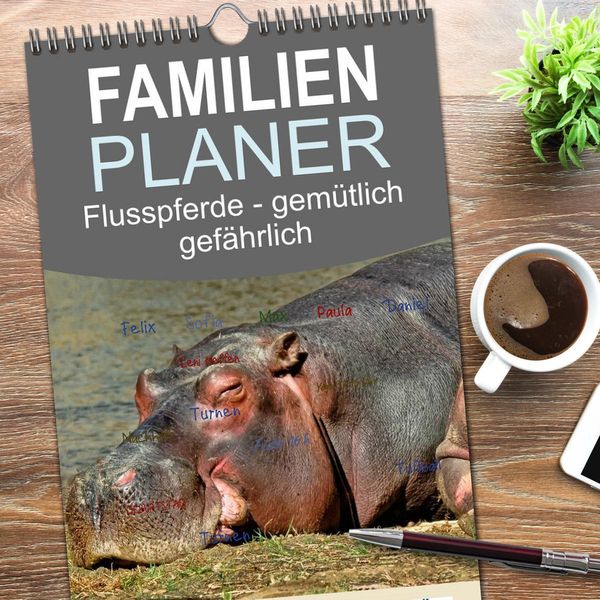 Produktbild: Familienplaner 2026 - Flusspferde - gem&uuml;tlich gef&auml;hrlich mit 5 Spalten (Wandkalender, 21 x 45 cm) CALVENDO