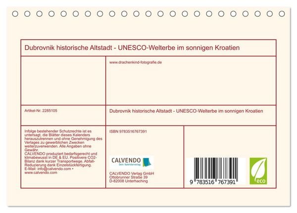 Produktbild: Dubrovnik historische Altstadt - UNESCO‑Welterbe im sonnigen Kroatien (Tischkalender 2027 DIN A5 quer), CALVENDO Monatskalender
