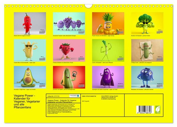 Produktbild: Vegane Power - Kalender f&uuml;r Veganer, Vegetarier und alle Pflanzenfans (Wandkalender 2026 DIN A3 quer), CALVENDO Monatskalender