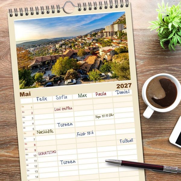 Produktbild: Familienplaner 2027 - Durr&euml;s und Kruja &ndash; Sch&auml;tze Albaniens mit 5 Spalten (Wandkalender, 21 x 45 cm) CALVENDO