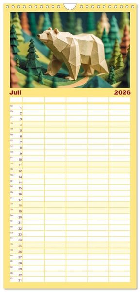 Produktbild: Familienplaner 2026 - Origami Zoo - Bunter Tierkalender f&uuml;r Kinder und Familien mit 5 Spalten (Wandkalender, 21 x 45 cm) CALVENDO