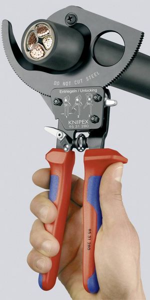 Produktbild: Knipex 95 31 280 Ratschen-Kabelschneider Geeignet f&uuml;r (Abisoliertechnik) Alu- und Kupferkabel, ein- und mehrdr&auml;htig 52 mm 380 mm&sup2;