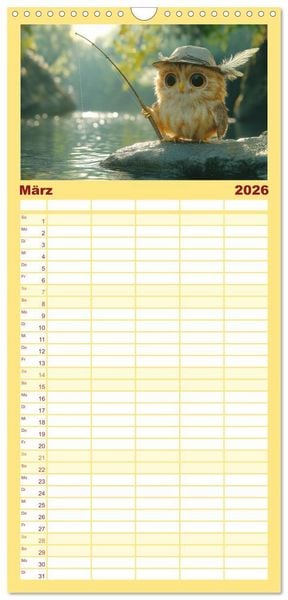 Produktbild: Familienplaner 2026 - Eulen im Wald - Die geheimen Jobs und Aufgaben mit 5 Spalten (Wandkalender, 21 x 45 cm) CALVENDO