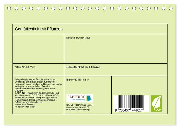 Produktbild: Gem&uuml;tlichkeit mit Pflanzen (Tischkalender 2026 DIN A5 quer), CALVENDO Monatskalender