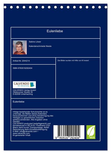 Produktbild: Eulenliebe (Tischkalender 2026 DIN A5 hoch), CALVENDO Monatskalender