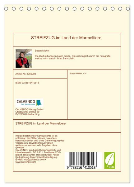 Produktbild: STREIFZUG im Land der Murmeltiere (Tischkalender 2026 DIN A5 hoch), CALVENDO Monatskalender