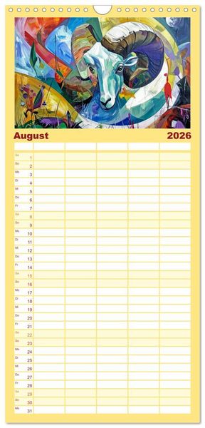 Produktbild: Familienplaner 2026 - Farbenfrohe Tierbilder mit 5 Spalten (Wandkalender, 21 x 45 cm) CALVENDO