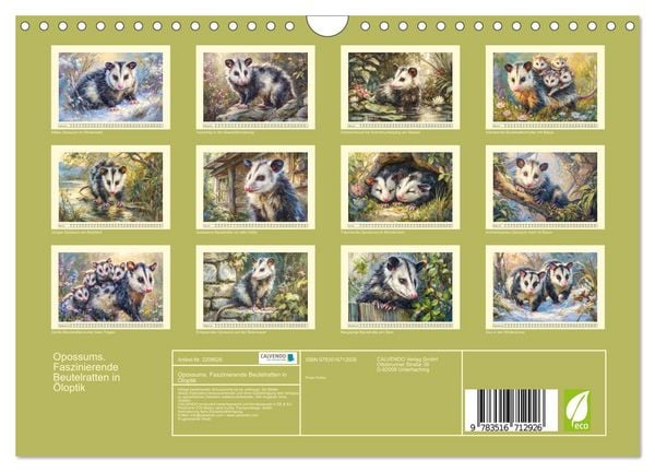 Produktbild: Opossums. Faszinierende Beutelratten in &Ouml;loptik (Wandkalender 2026 DIN A4 quer), CALVENDO Monatskalender