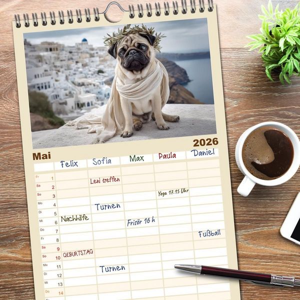Produktbild: Familienplaner 2026 - Eine Mopsige Weltreise mit 5 Spalten (Wandkalender, 21 x 45 cm) CALVENDO