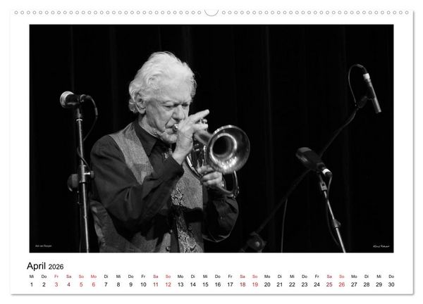 Produktbild: Internationale Meister des Jazz in Schwarzwei&szlig; (Wandkalender 2026 DIN A2 quer), CALVENDO Monatskalender