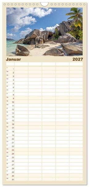 Produktbild: Familienplaner 2027 - Seychellen: La Digue und Mah&eacute; - zwei Trauminseln mit 5 Spalten (Wandkalender, 21 x 45 cm) CALVENDO
