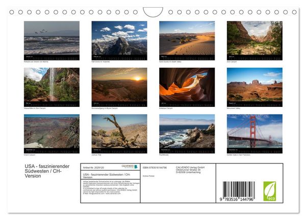 Produktbild: USA - faszinierender S&uuml;dwesten / CH-Version (Wandkalender 2026 DIN A4 quer), CALVENDO Monatskalender