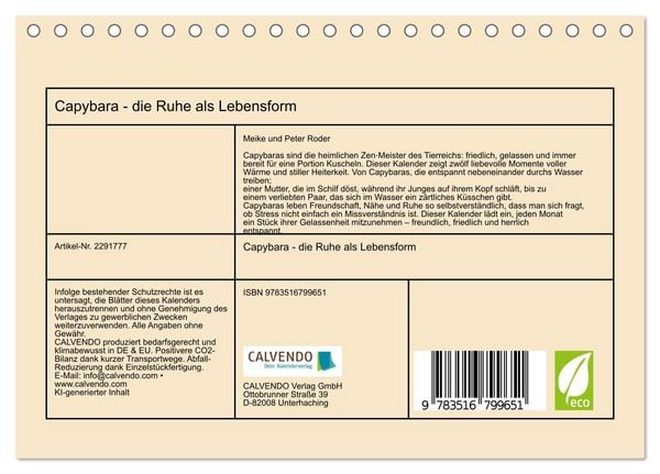Produktbild: Capybara - die Ruhe als Lebensform (Tischkalender 2027 DIN A5 quer), CALVENDO Monatskalender