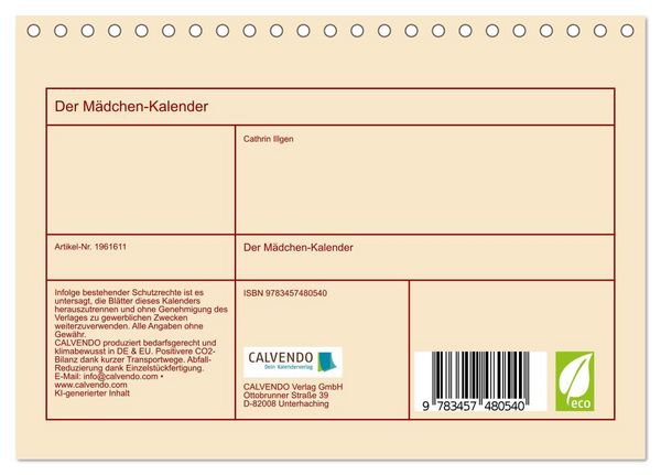 Produktbild: Der M&auml;dchen-Kalender (Tischkalender 2026 DIN A5 quer), CALVENDO Monatskalender