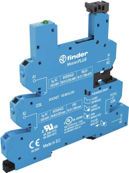 Produktbild: Finder 93.66.7.024 Relaissockel mit Halteb&uuml;gel, mit LED, mit EMV-Entst&ouml;rbeschaltung Passend f&uuml;r Serie (Relais): Serie 34 Finder