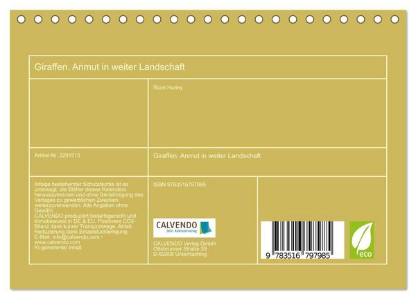 Produktbild: Giraffen. Anmut in weiter Landschaft (Tischkalender 2027 DIN A5 quer), CALVENDO Monatskalender