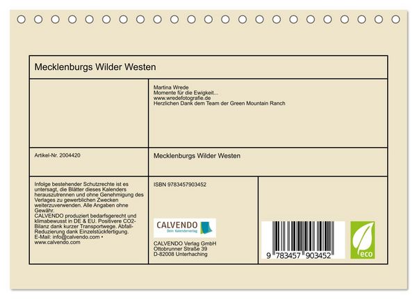 Produktbild: Mecklenburgs Wilder Westen (Tischkalender 2026 DIN A5 quer), CALVENDO Monatskalender