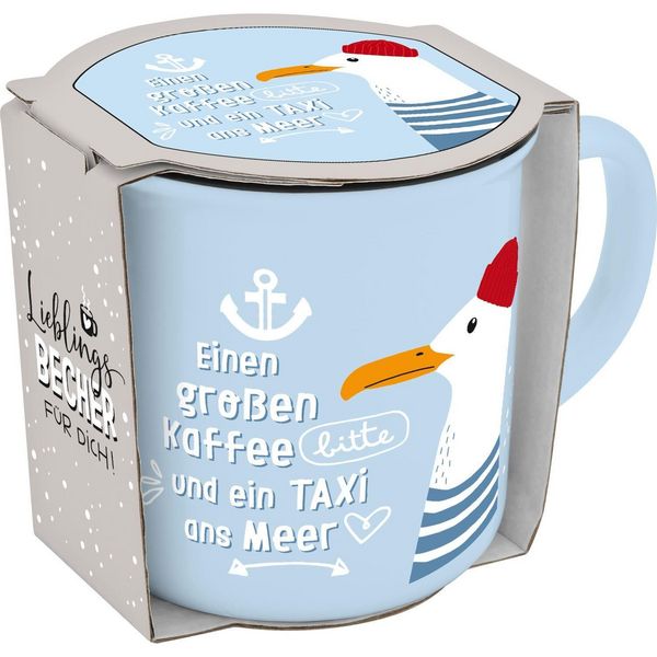 Produktbild: Becher in Emmailoptik "Einen gro&szlig;en Kaffee bitte und ein Taxi zum Meer"