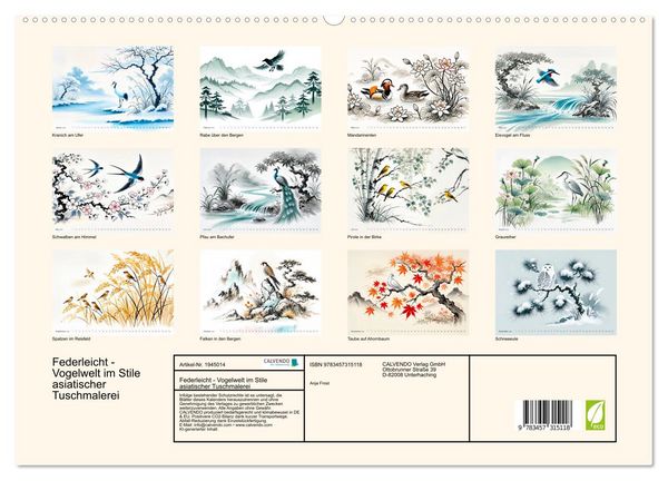 Produktbild: Federleicht - Vogelwelt im Stile asiatischer Tuschmalerei (hochwertiger Premium Wandkalender 2026 DIN A2 quer), Kunstdruck in Hochglanz