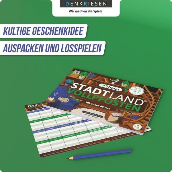 Produktbild: DENKRIESEN - Stadt Land Vollpfosten® Thalia Edition – "Wir lieben Bücher." ¦ A4 Spielblock