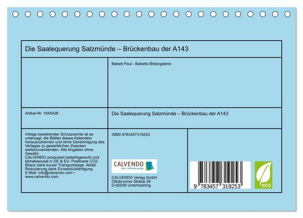 Produktbild: Die Saalequerung Salzm&uuml;nde &ndash; Br&uuml;ckenbau der A143 (Tischkalender 2026 DIN A5 quer), CALVENDO Monatskalender
