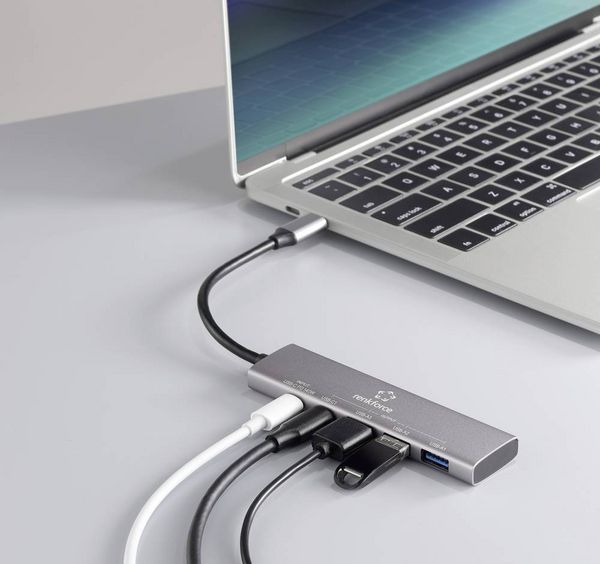 Produktbild: Renkforce RF-6676604 USB-Hub 3+1 Port USB-A, USB-C&reg; USB 3.2 Gen1 5 GBit/s mit Aluminiumgeh&auml;use, USB-C&reg; PD Ladeanschluss Grau RF-USBH-300