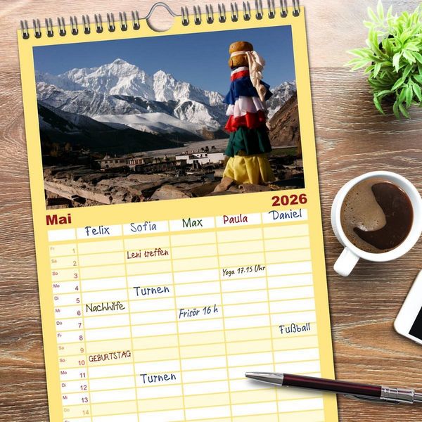 Produktbild: Familienplaner 2026 - Nepal mit 5 Spalten (Wandkalender, 21 x 45 cm) CALVENDO