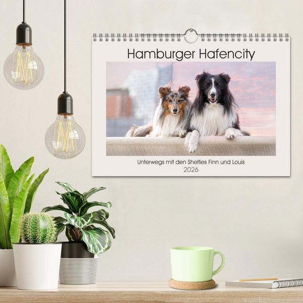 Produktbild: Hamburger Hafencity - Unterwegs mit den Shelties Finn und Louis (Wandkalender 2026 DIN A4 quer), CALVENDO Monatskalender