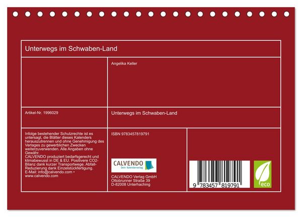 Produktbild: Unterwegs im Schwaben-Land (Tischkalender 2026 DIN A5 quer), CALVENDO Monatskalender
