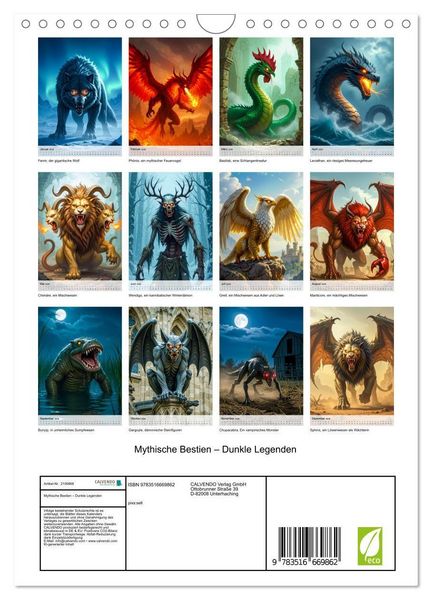 Produktbild: Mythische Bestien &ndash; Dunkle Legenden (Wandkalender 2026 DIN A4 hoch), CALVENDO Monatskalender